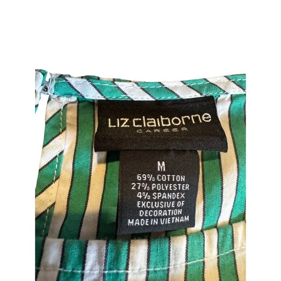 Liz Claiborne Green & White Striped Blouse W/ Lace Cuff Detail M Cotton Blend - Picture 6 of 9